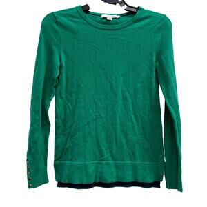 Boden Kelly Green Blue trim pullover sweater gold hardware quiet luxury sz XS